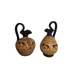 Set Of 2 Miniature Greek Amphora Ewers Vases With Hand Painted Animal Designs